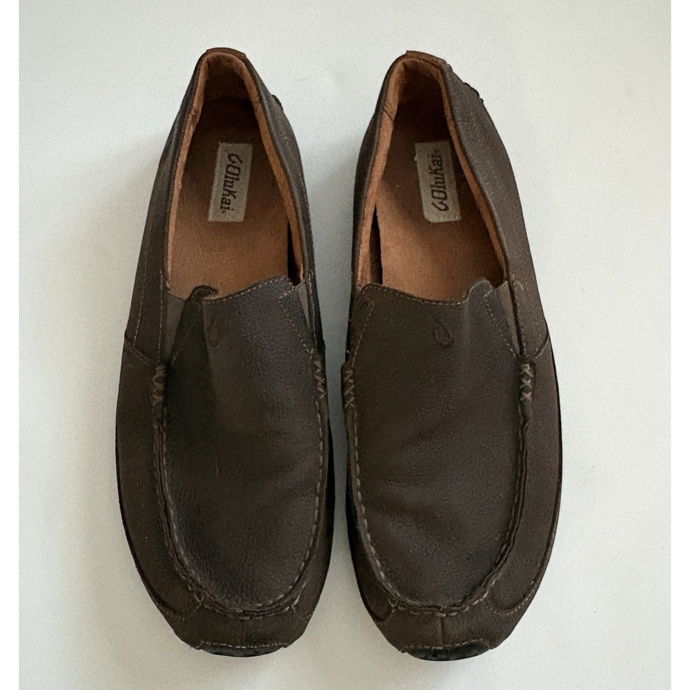 Olukai Mens Akepa Moc Loafers Shoes Solid Dark Brown Leather Slip On Casual 13